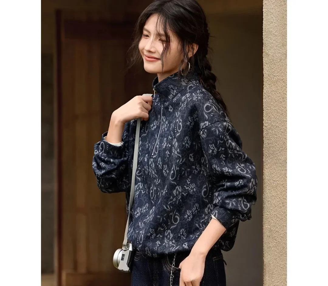 Women's Vintage Jacquard Denim Sweatshirt Half Zip Stand Collar Floral Print Coat Loose Fit Boho Chic Fall Winter Outerwear Top