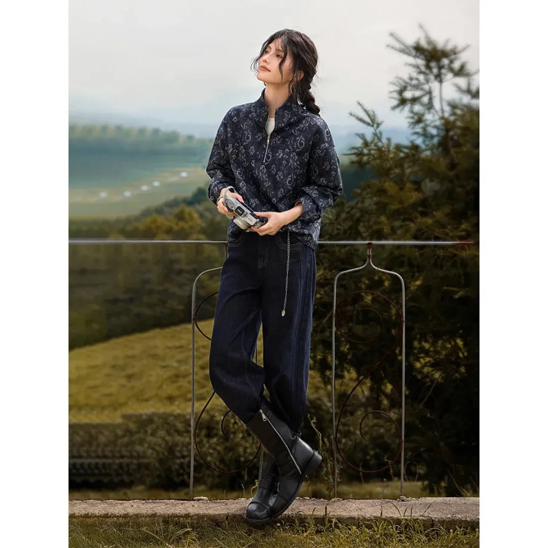 Women's Vintage Jacquard Denim Sweatshirt Half Zip Stand Collar Floral Print Coat Loose Fit Boho Chic Fall Winter Outerwear Top
