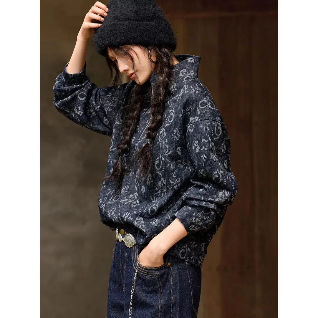 Women's Vintage Jacquard Denim Sweatshirt Half Zip Stand Collar Floral Print Coat Loose Fit Boho Chic Fall Winter Outerwear Top