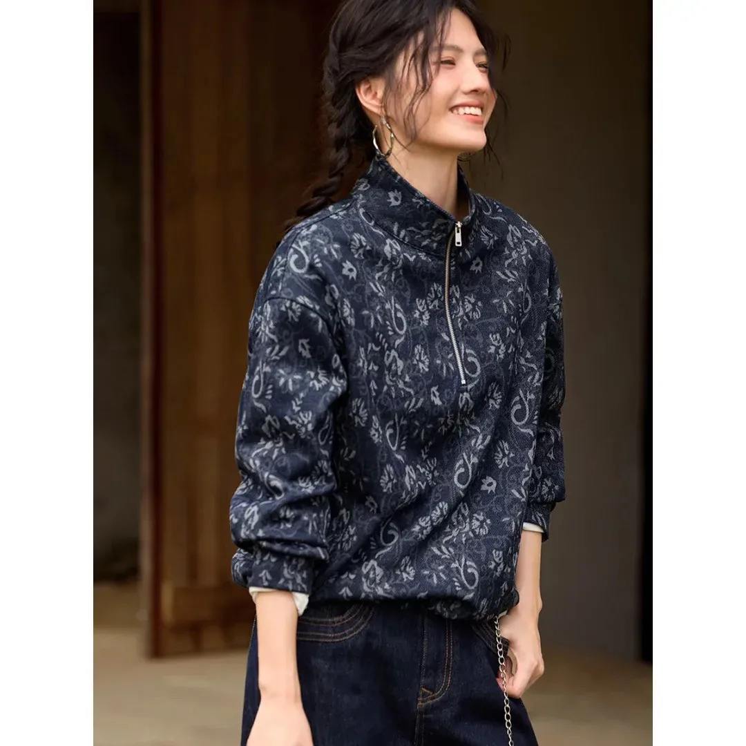 Women's Vintage Jacquard Denim Sweatshirt Half Zip Stand Collar Floral Print Coat Loose Fit Boho Chic Fall Winter Outerwear Top
