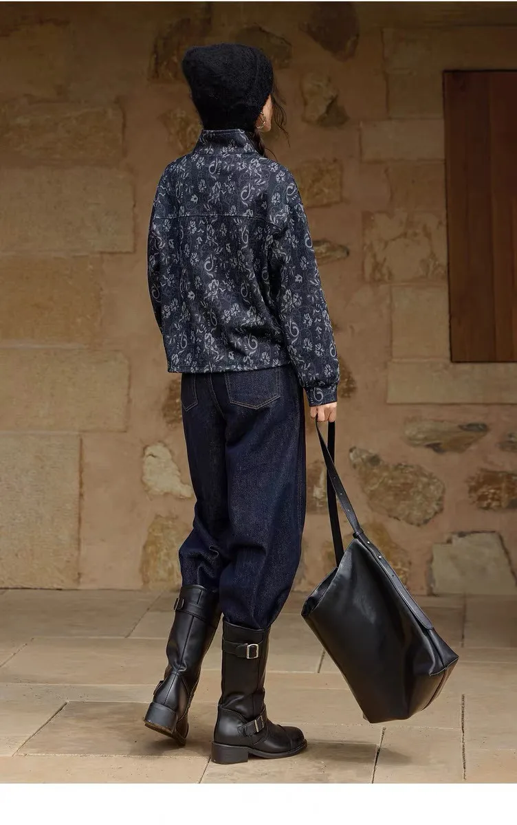 Women's Vintage Jacquard Denim Sweatshirt Half Zip Stand Collar Floral Print Coat Loose Fit Boho Chic Fall Winter Outerwear Top