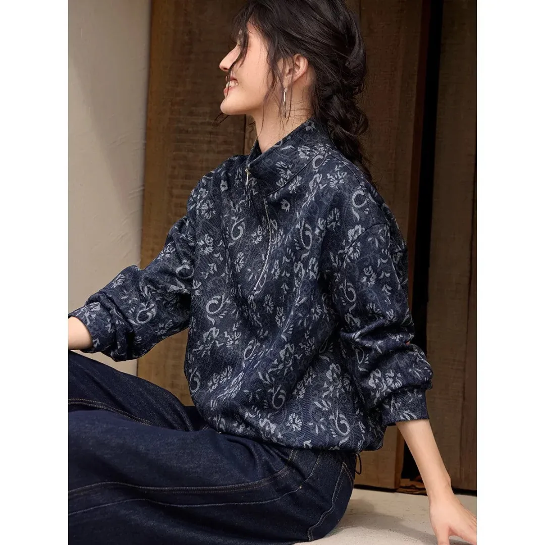 Women's Vintage Jacquard Denim Sweatshirt Half Zip Stand Collar Floral Print Coat Loose Fit Boho Chic Fall Winter Outerwear Top