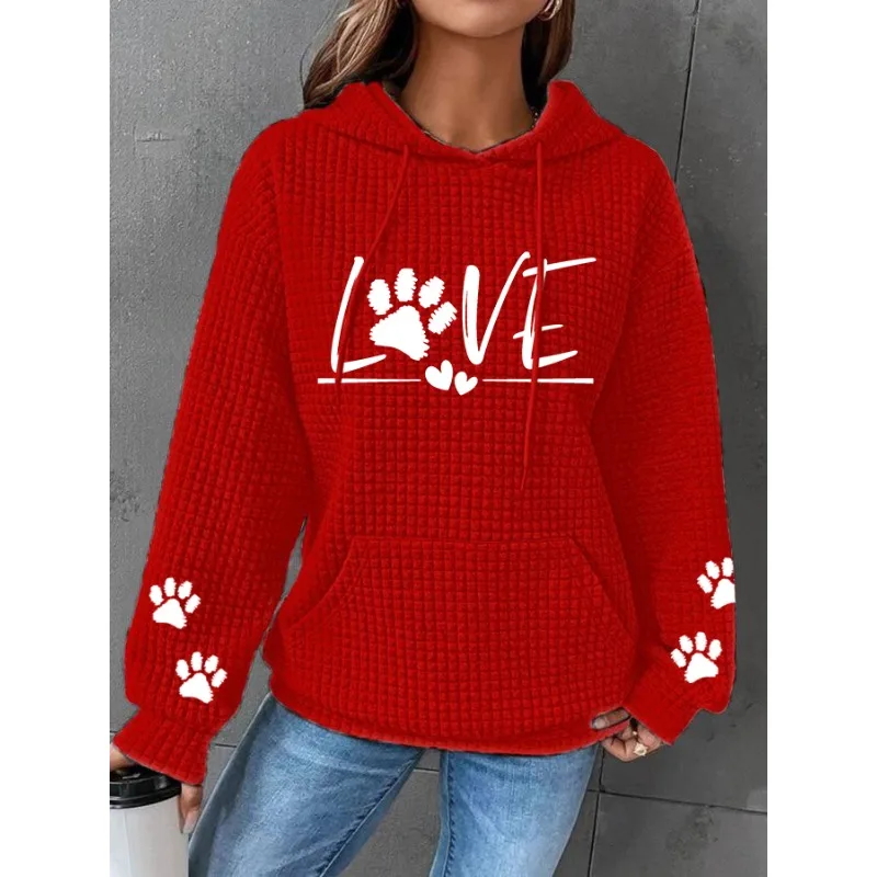 ilstile Women's Love Dog Paw Print Hoodies Autumn Winter Long Sleeve Casual Outdoor Hooded Hoodies Sports Sweatshirts Hot Sale