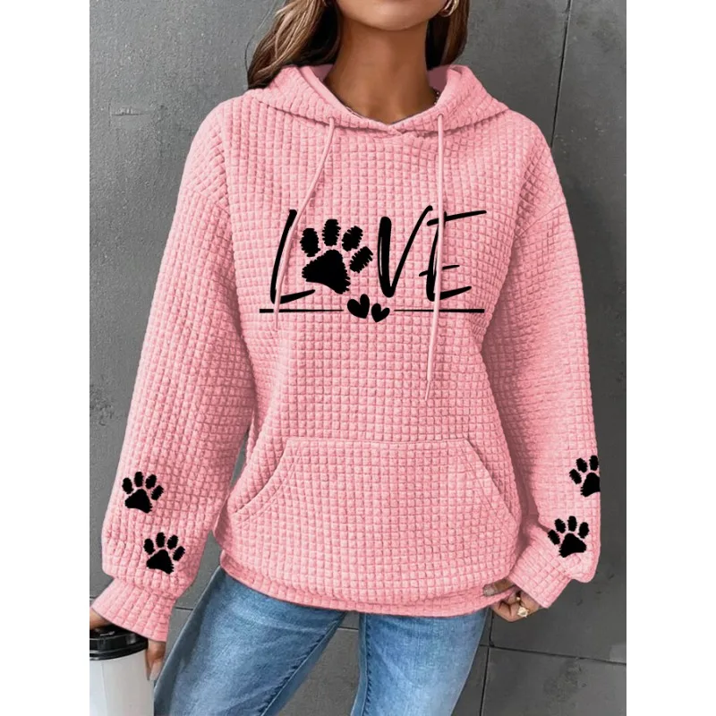 ilstile Women's Love Dog Paw Print Hoodies Autumn Winter Long Sleeve Casual Outdoor Hooded Hoodies Sports Sweatshirts Hot Sale