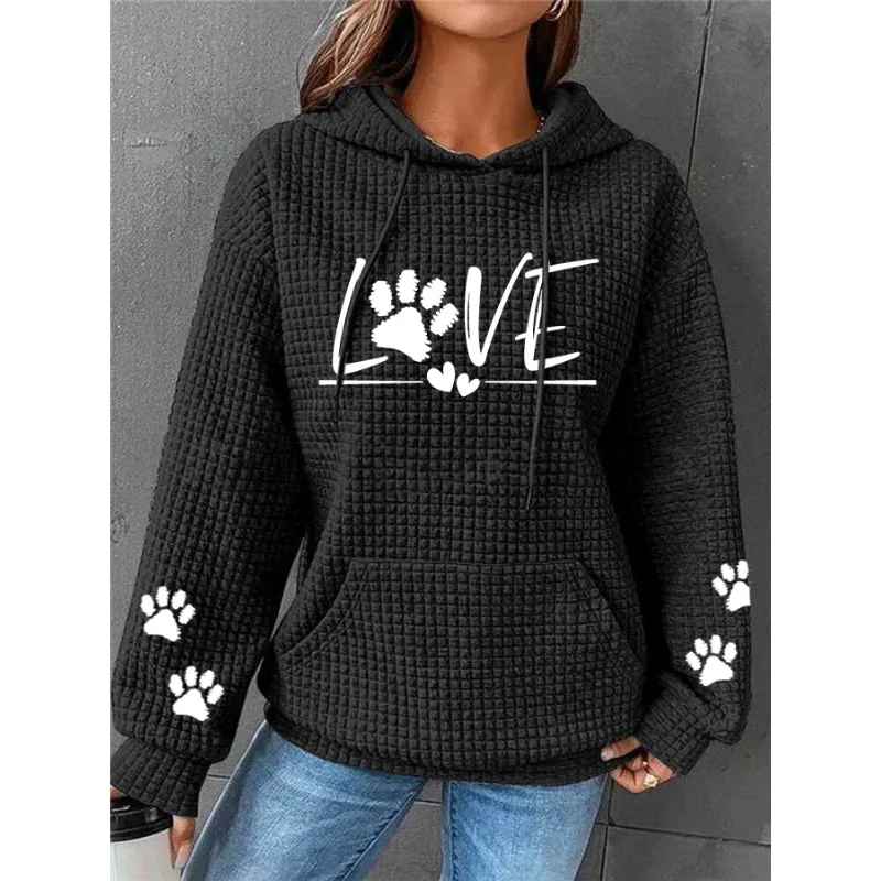 ilstile Women's Love Dog Paw Print Hoodies Autumn Winter Long Sleeve Casual Outdoor Hooded Hoodies Sports Sweatshirts Hot Sale