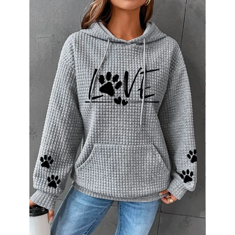 ilstile Women's Love Dog Paw Print Hoodies Autumn Winter Long Sleeve Casual Outdoor Hooded Hoodies Sports Sweatshirts Hot Sale