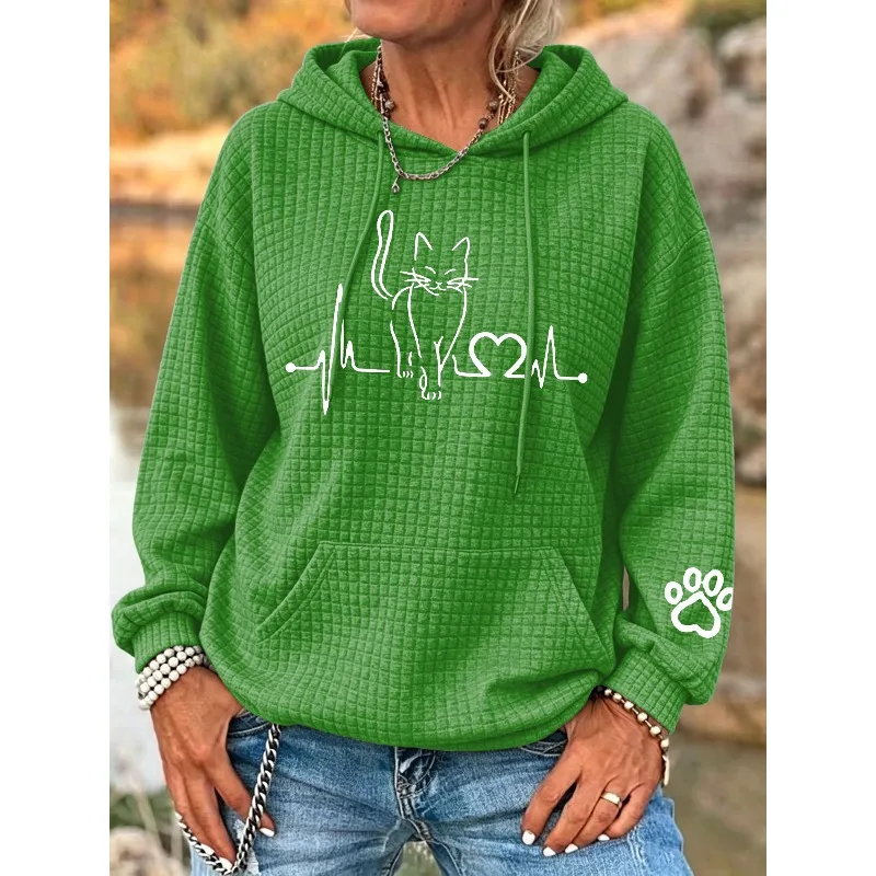ilstile Women's Cat Print Hoodies Autumn Winter Long Sleeve Casual Outdoor Hooded Hoodies Sports Sweatshirts White