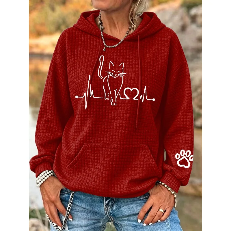ilstile Women's Cat Print Hoodies Autumn Winter Long Sleeve Casual Outdoor Hooded Hoodies Sports Sweatshirts White