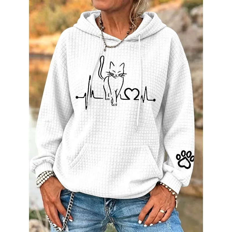 ilstile Women's Cat Print Hoodies Autumn Winter Long Sleeve Casual Outdoor Hooded Hoodies Sports Sweatshirts White