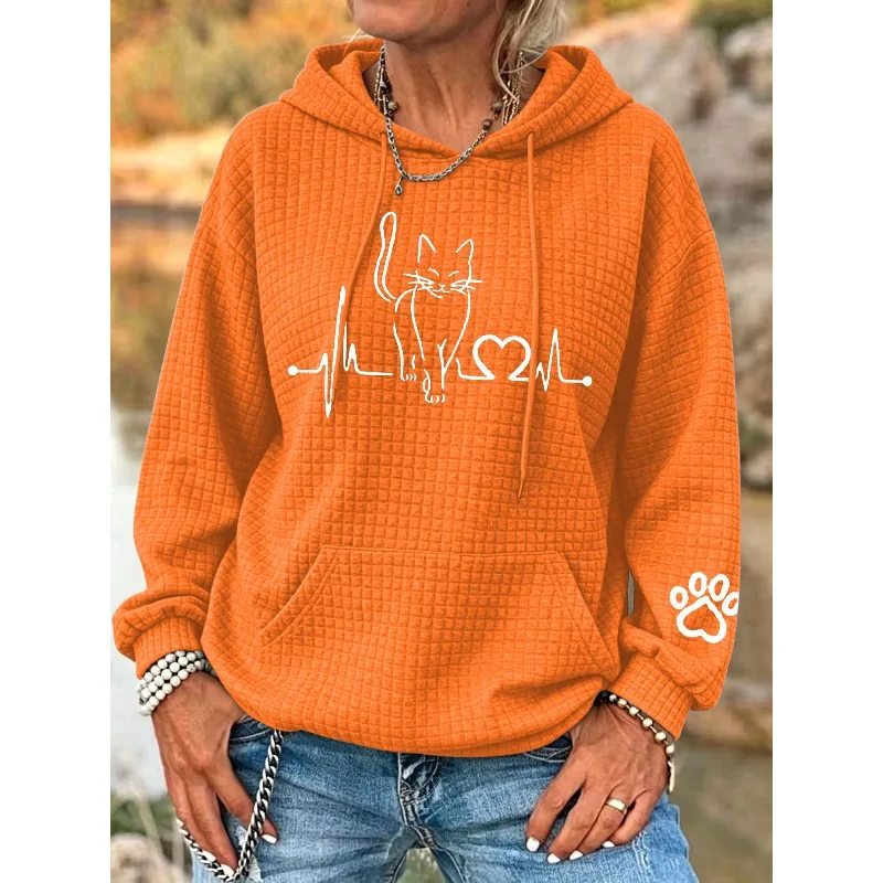 ilstile Women's Cat Print Hoodies Autumn Winter Long Sleeve Casual Outdoor Hooded Hoodies Sports Sweatshirts White