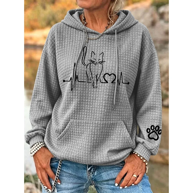 ilstile Women's Cat Print Hoodies Autumn Winter Long Sleeve Casual Outdoor Hooded Hoodies Sports Sweatshirts White