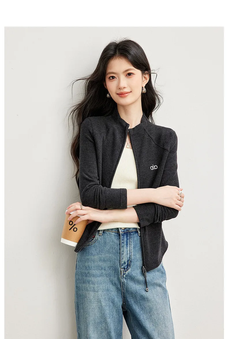 VIMLY Women's Casual Grey Sports Sweatshirt 2026 Autumn Stand Collar Zip Up Jacket Fashion Elegant Slim-fit Female Coat 31659