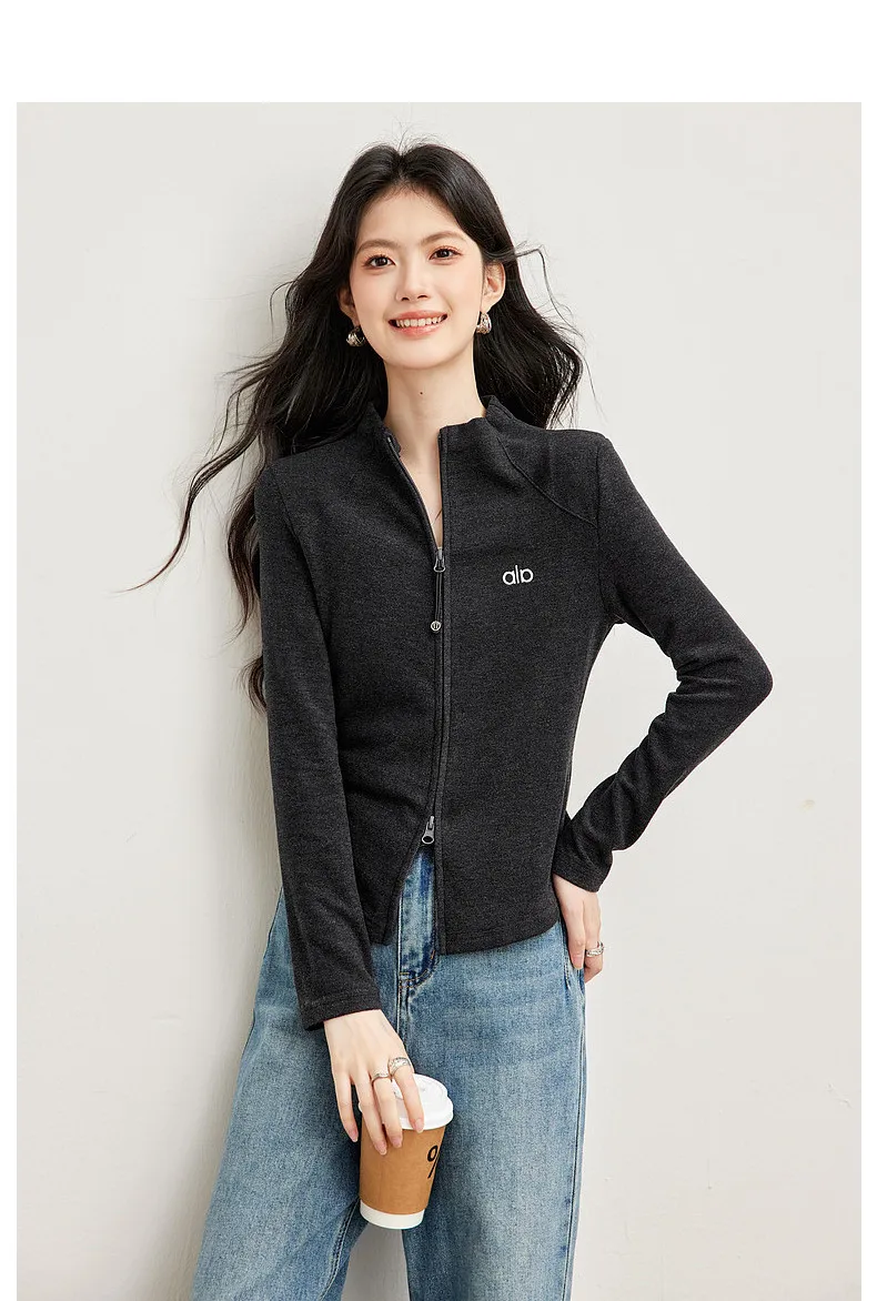 VIMLY Women's Casual Grey Sports Sweatshirt 2026 Autumn Stand Collar Zip Up Jacket Fashion Elegant Slim-fit Female Coat 31659