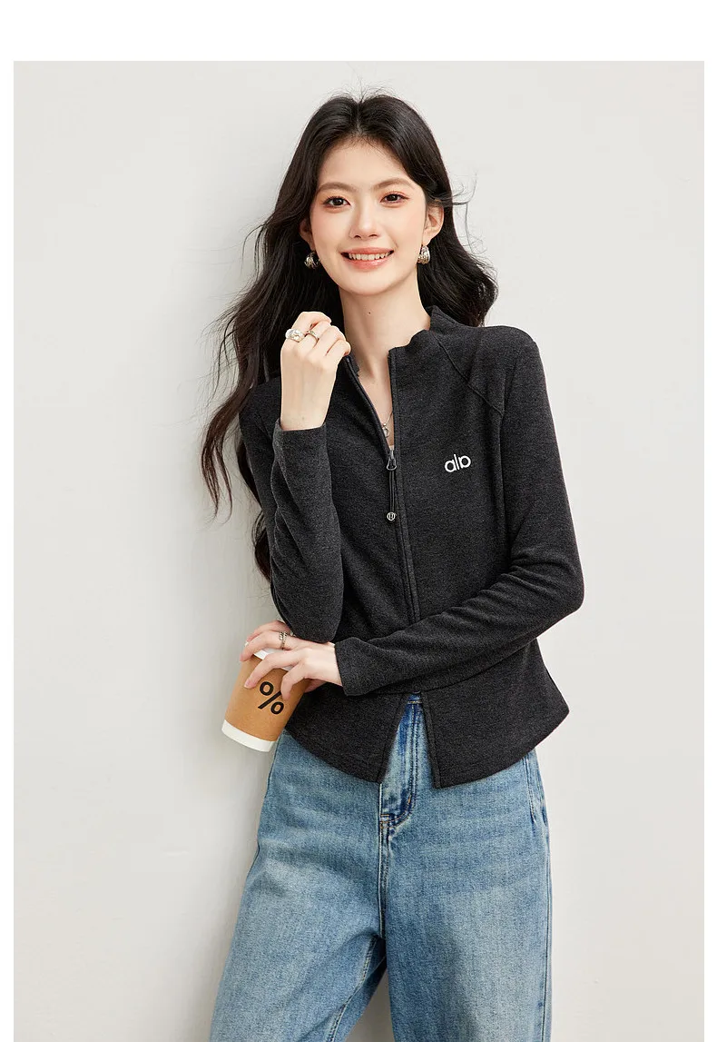 VIMLY Women's Casual Grey Sports Sweatshirt 2026 Autumn Stand Collar Zip Up Jacket Fashion Elegant Slim-fit Female Coat 31659