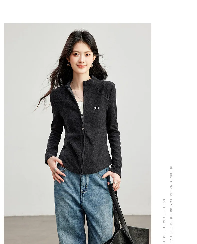 VIMLY Women's Casual Grey Sports Sweatshirt 2026 Autumn Stand Collar Zip Up Jacket Fashion Elegant Slim-fit Female Coat 31659