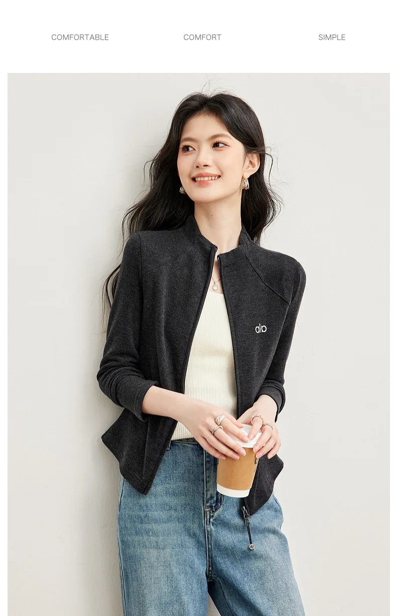 VIMLY Women's Casual Grey Sports Sweatshirt 2026 Autumn Stand Collar Zip Up Jacket Fashion Elegant Slim-fit Female Coat 31659