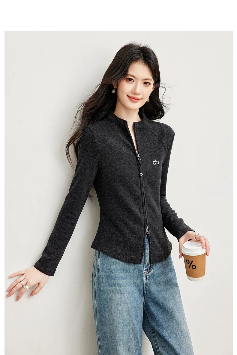 VIMLY Women's Casual Grey Sports Sweatshirt 2026 Autumn Stand Collar Zip Up Jacket Fashion Elegant Slim-fit Female Coat 31659