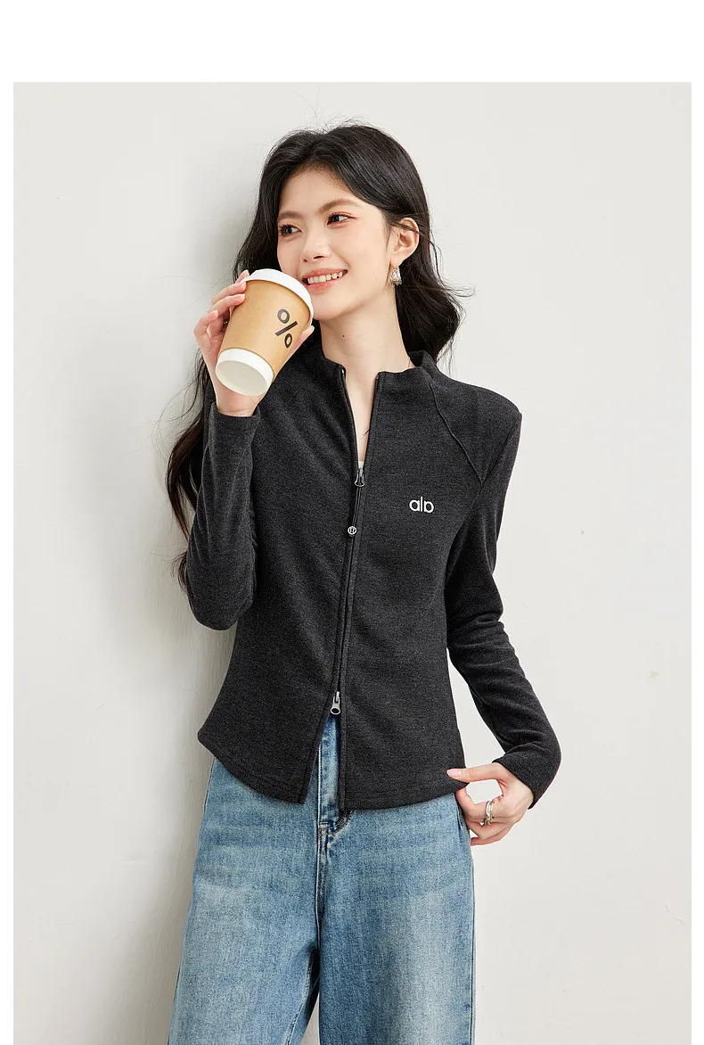 VIMLY Women's Casual Grey Sports Sweatshirt 2026 Autumn Stand Collar Zip Up Jacket Fashion Elegant Slim-fit Female Coat 31659