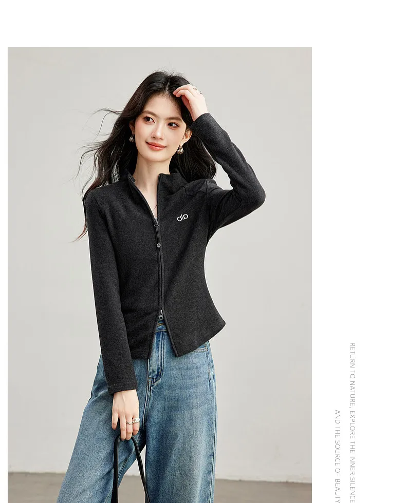 VIMLY Women's Casual Grey Sports Sweatshirt 2026 Autumn Stand Collar Zip Up Jacket Fashion Elegant Slim-fit Female Coat 31659