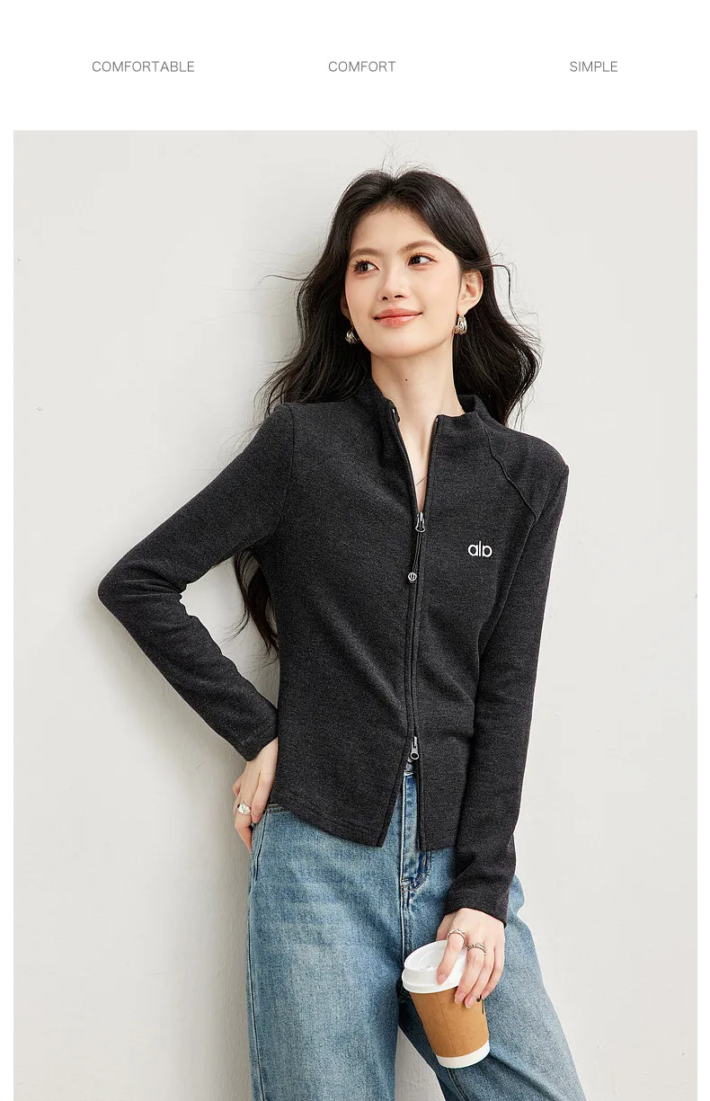 VIMLY Women's Casual Grey Sports Sweatshirt 2026 Autumn Stand Collar Zip Up Jacket Fashion Elegant Slim-fit Female Coat 31659