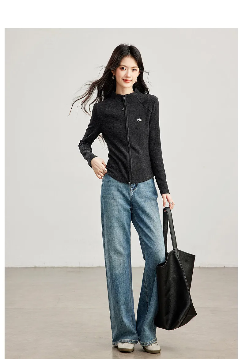 VIMLY Women's Casual Grey Sports Sweatshirt 2026 Autumn Stand Collar Zip Up Jacket Fashion Elegant Slim-fit Female Coat 31659