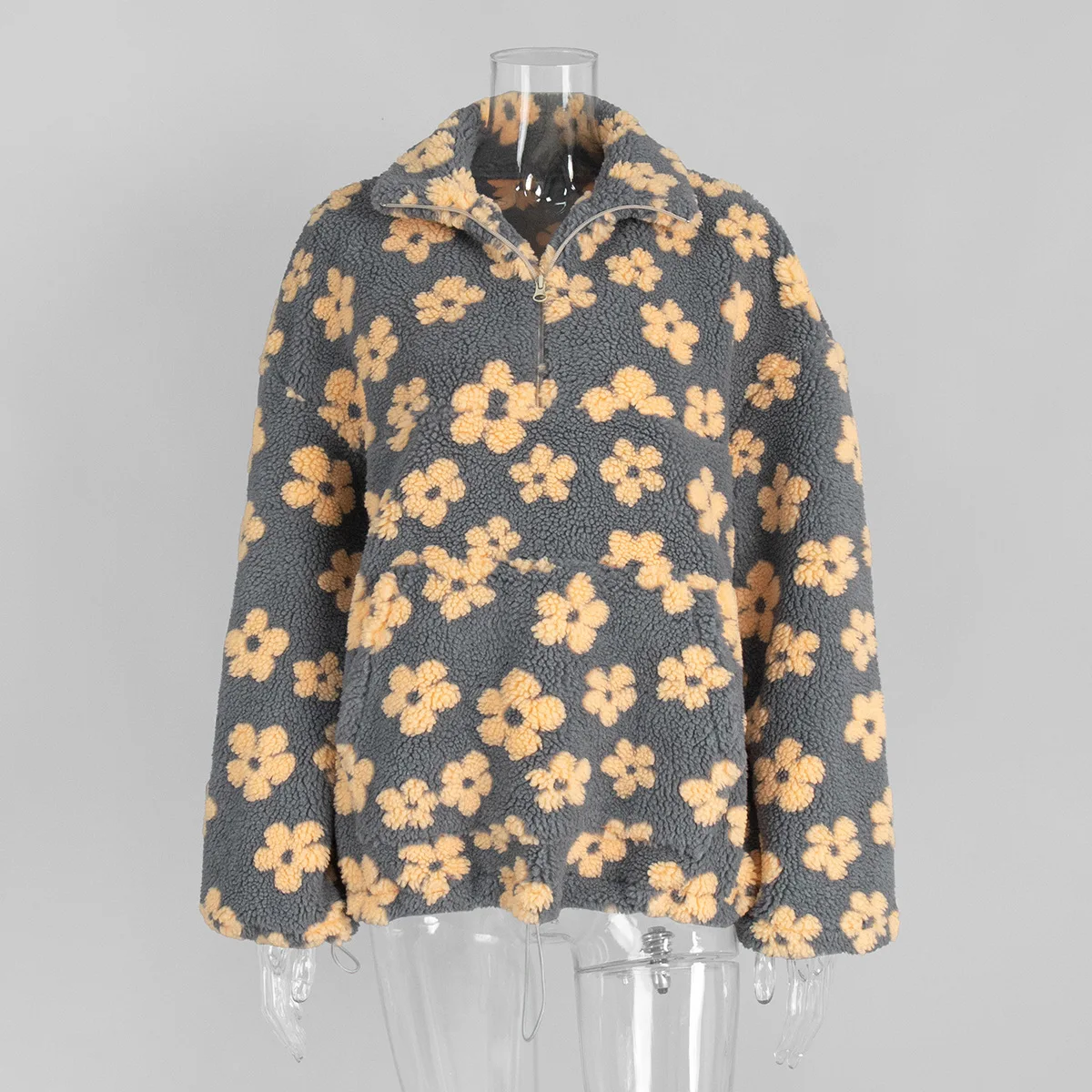 2025 Fashion Floral Lambskin Hoodie Women Casual Full Sleeve Zipper Pocket Loose Fit Hoodies Female Autumn Chic Holiday Clothes