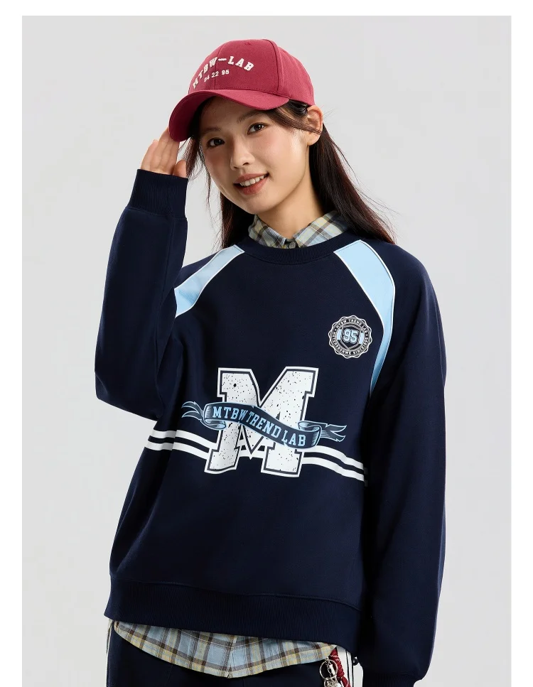 Metersbonwe Women's Letter Print Color Block Sweatshirt Raglan Sleeve Patchwork Hoodie Casual Fall Autumn Tops Vintage Preppy