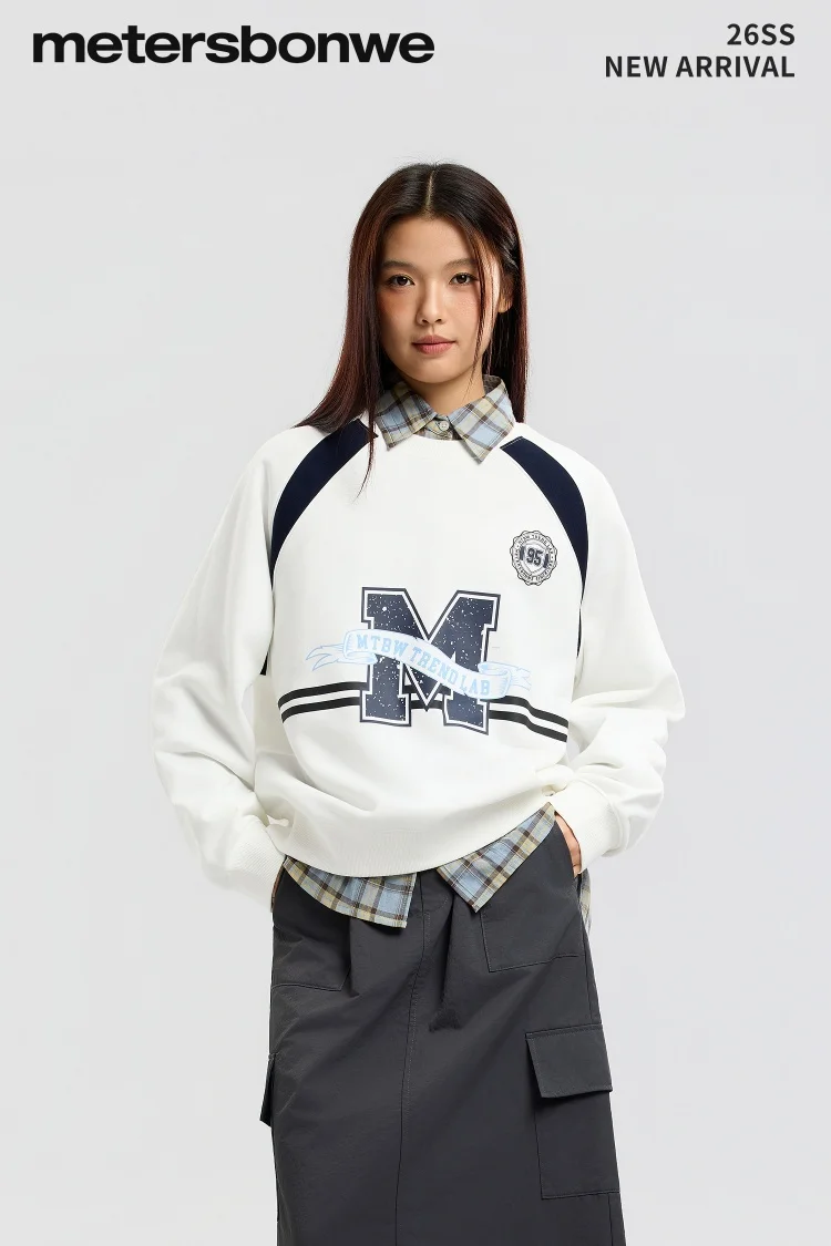 Metersbonwe Women's Letter Print Color Block Sweatshirt Raglan Sleeve Patchwork Hoodie Casual Fall Autumn Tops Vintage Preppy