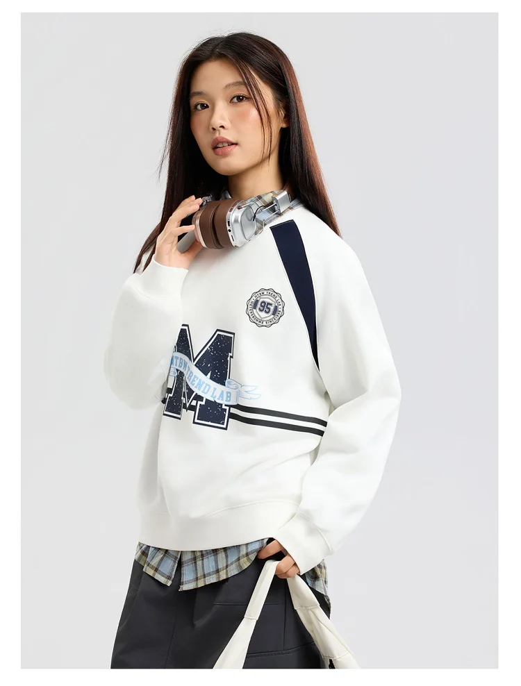 Metersbonwe Women's Letter Print Color Block Sweatshirt Raglan Sleeve Patchwork Hoodie Casual Fall Autumn Tops Vintage Preppy