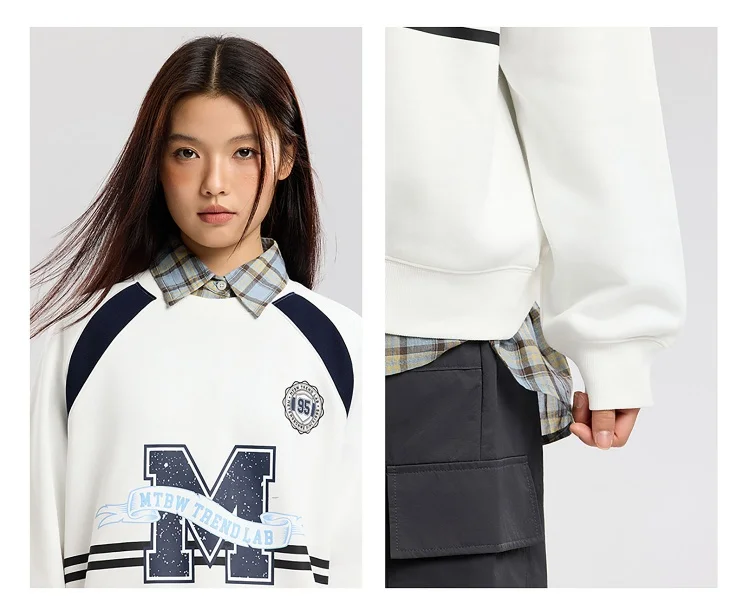 Metersbonwe Women's Letter Print Color Block Sweatshirt Raglan Sleeve Patchwork Hoodie Casual Fall Autumn Tops Vintage Preppy