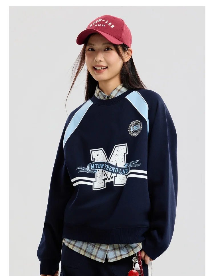 Metersbonwe Women's Letter Print Color Block Sweatshirt Raglan Sleeve Patchwork Hoodie Casual Fall Autumn Tops Vintage Preppy