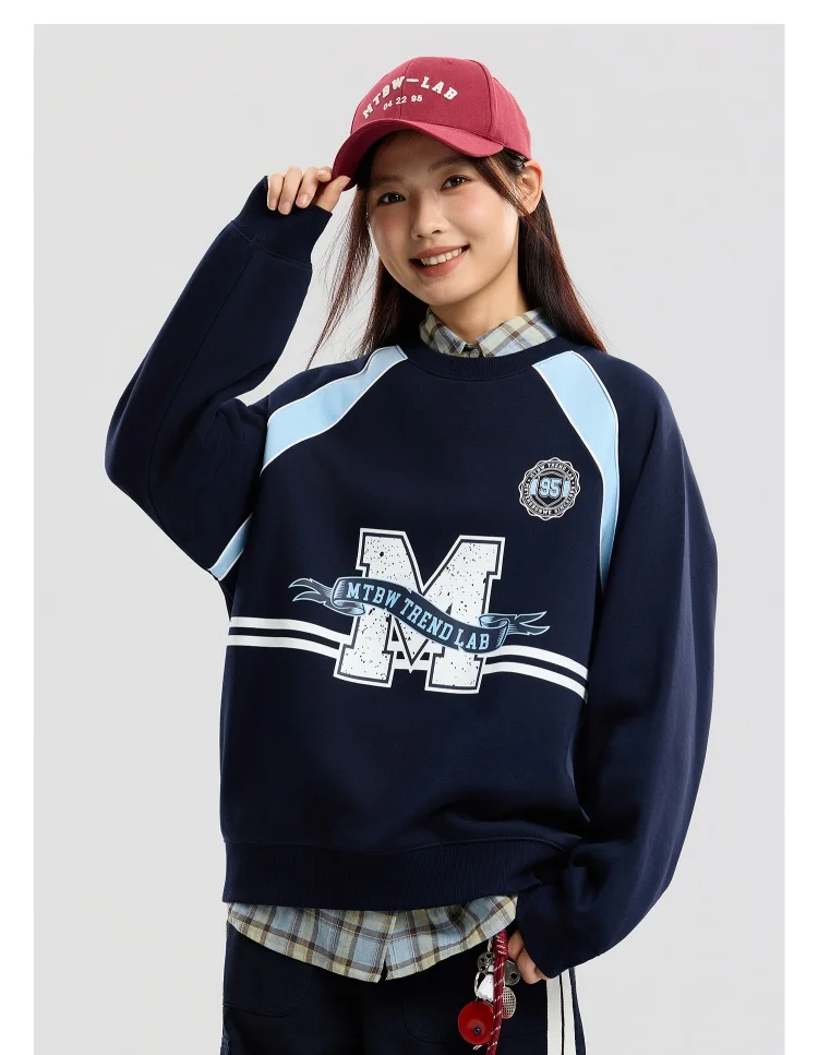 Metersbonwe Women's Letter Print Color Block Sweatshirt Raglan Sleeve Patchwork Hoodie Casual Fall Autumn Tops Vintage Preppy