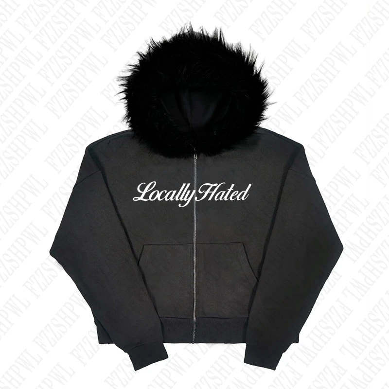 Y2K Zip up hoodie Faur collar Harajuku Hiphop Zipper Hoodie sweatshirt Vintage Rock Goth Loose Punk EMO Streetwear Jacket Casual