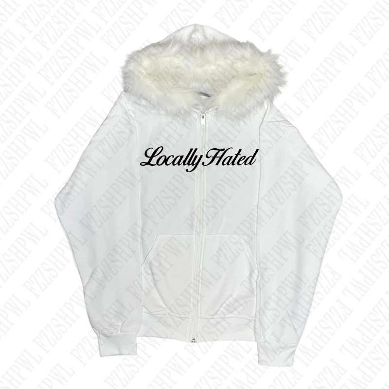 Y2K Zip up hoodie Faur collar Harajuku Hiphop Zipper Hoodie sweatshirt Vintage Rock Goth Loose Punk EMO Streetwear Jacket Casual