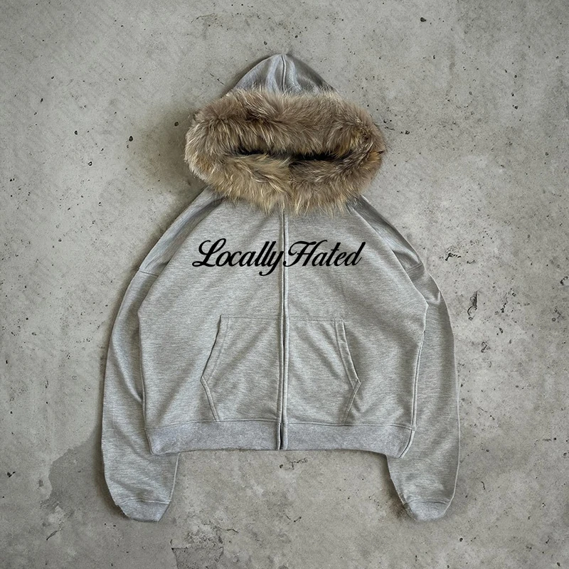 Y2K Zip up hoodie Faur collar Harajuku Hiphop Zipper Hoodie sweatshirt Vintage Rock Goth Loose Punk EMO Streetwear Jacket Casual
