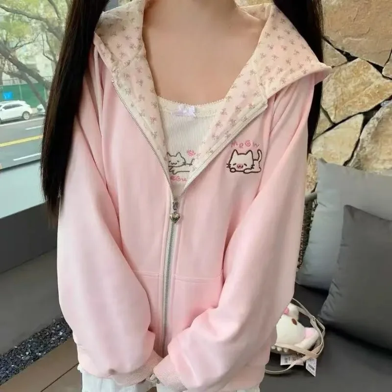 Kawaii Cute Print Japanese Casual Streetwear Long Sleeves Women Sweet Style Zipper Sweatshirt Soft Girl Fashion 2025 Spring