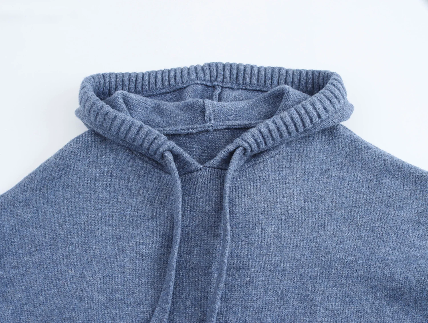 New Autumn And Winter Women's Casual Loose Fitting Patch Bag Drawstring Knitted Hooded Sweater Sweatshirt Jacket