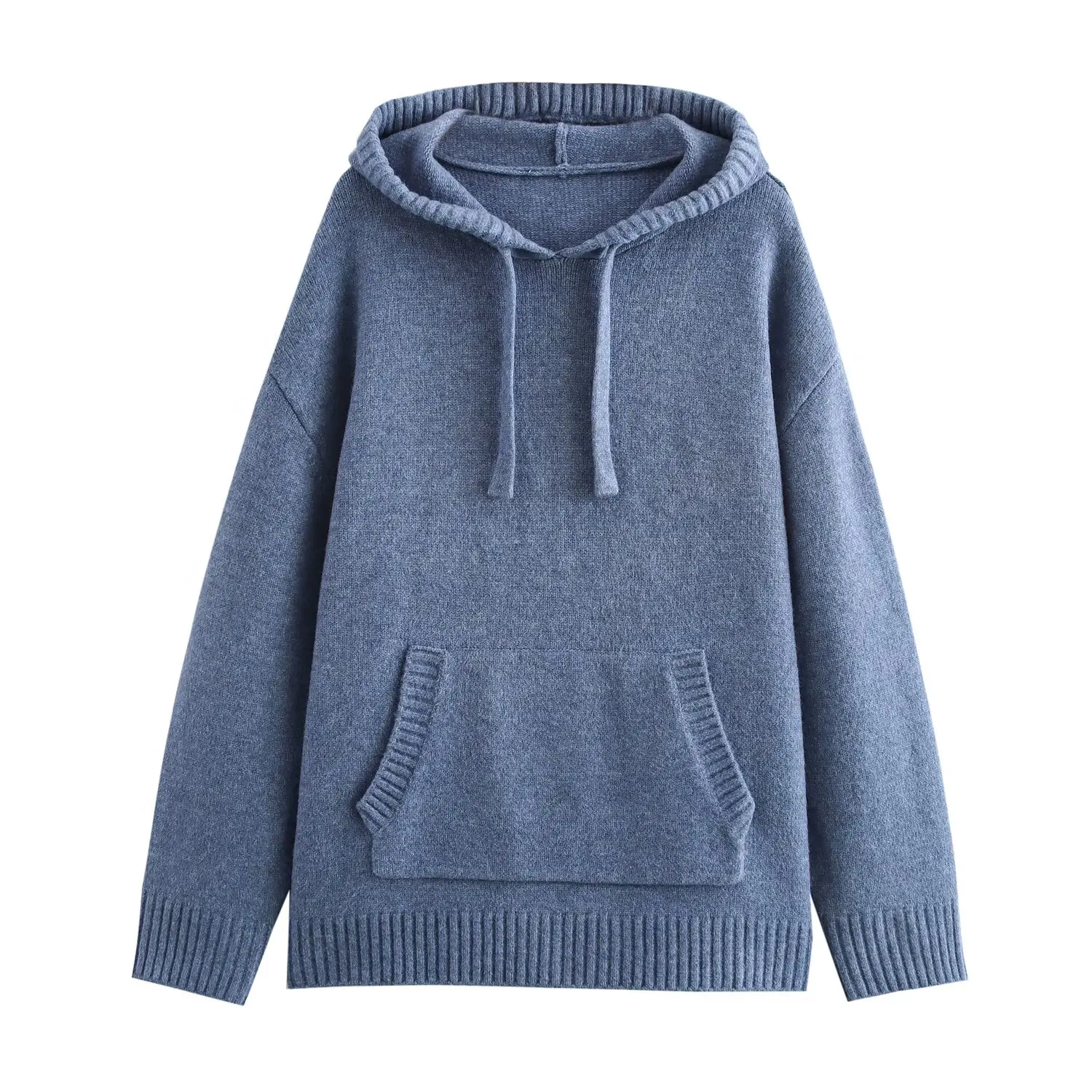 New Autumn And Winter Women's Casual Loose Fitting Patch Bag Drawstring Knitted Hooded Sweater Sweatshirt Jacket