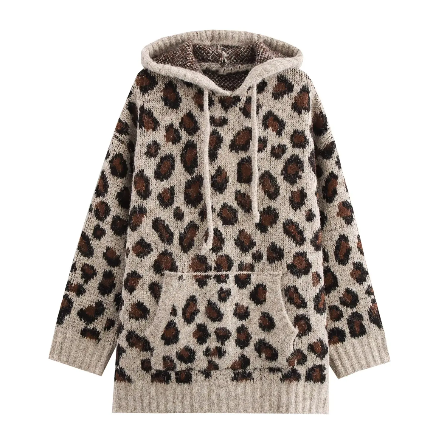 New Autumn And Winter Women's Casual Loose Fitting Patch Bag Drawstring Knitted Hooded Sweater Sweatshirt Jacket