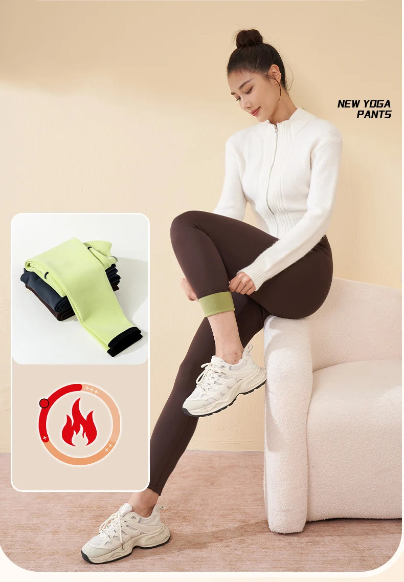2025 New Autumn Winter Green Fleece Warm Leggings Women High Waisted Elastic Velvet Thick Sports Fitness Yoga Leggings