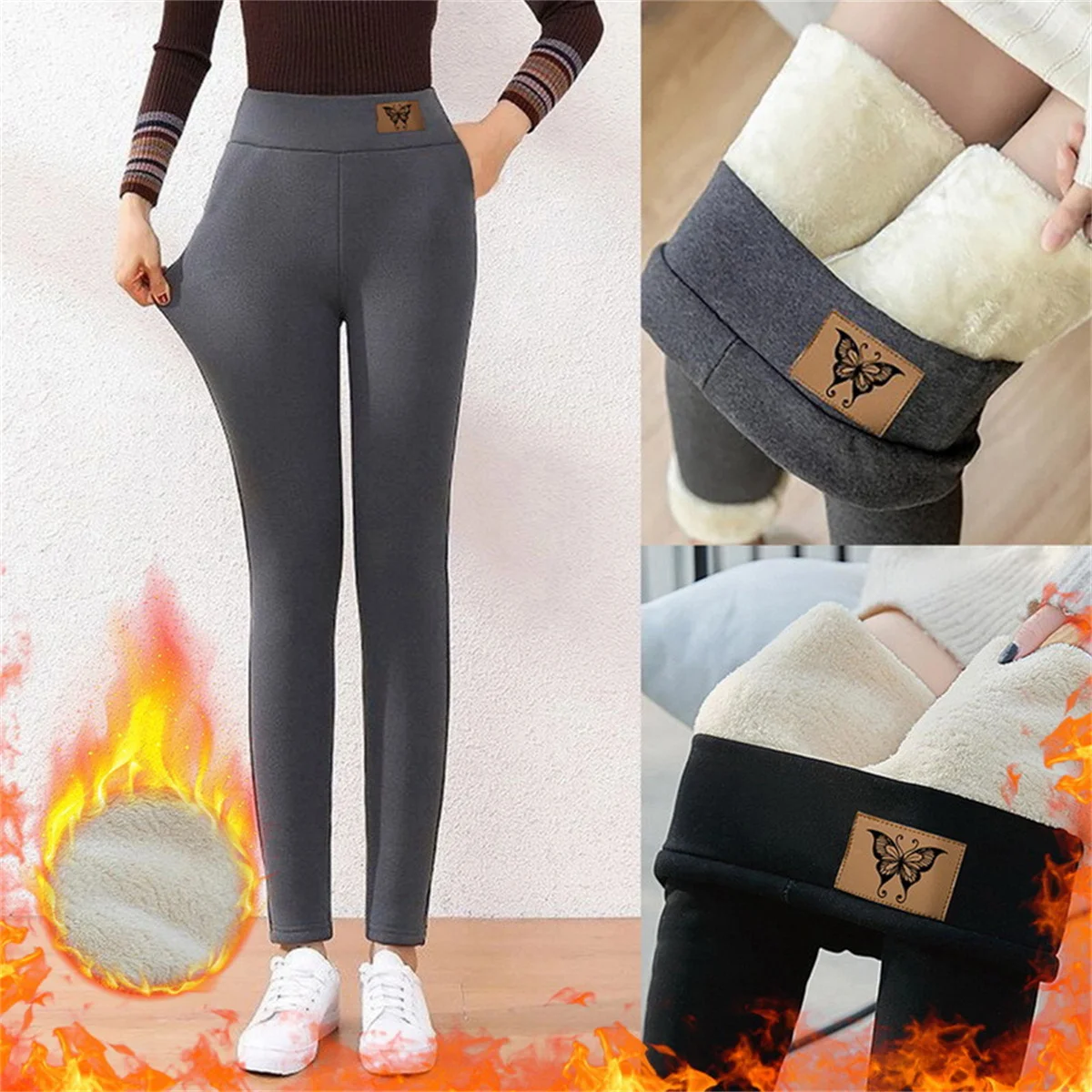 Winter Women Leggings Solid Warm Leggings Thicken Lambwool Hight Waist Fleece Keep Butt Lift High Stretchy Walking Pants Pocket