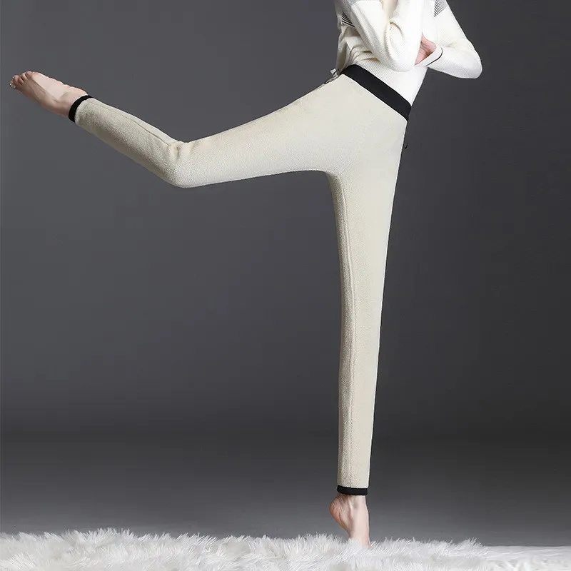Winter Women Leggings Solid Warm Leggings Thicken Lambwool Hight Waist Fleece Keep Butt Lift High Stretchy Walking Pants Pocket