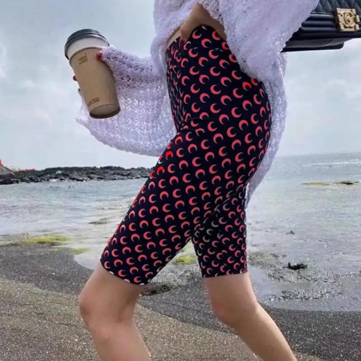 High Waist Slim Fit Women's Leggings Moon Print Streetwear Sexy Versatile Five Part Wear Outside Short Pants
