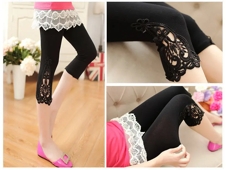 Women Summer Hollow Lace Stretch Leggings Sports Fitness Skinny Pants Crop 3/4 Length Leggings Capris Cropped Modal Pant