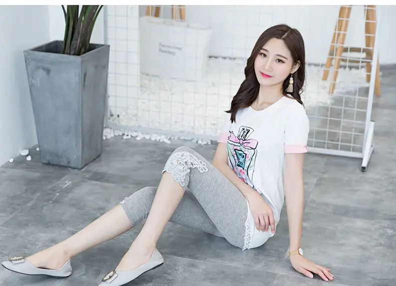 Women Summer Hollow Lace Stretch Leggings Sports Fitness Skinny Pants Crop 3/4 Length Leggings Capris Cropped Modal Pant