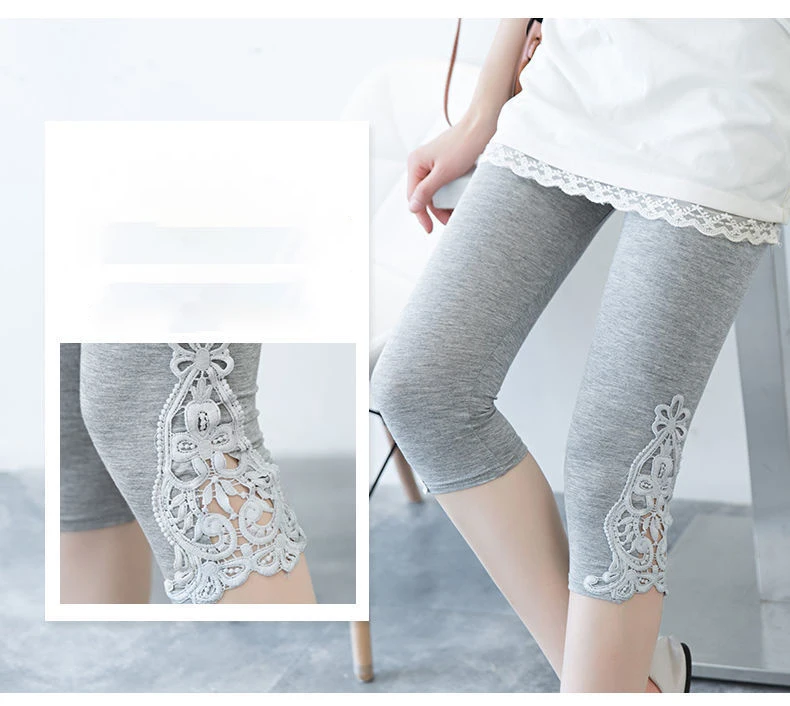 Women Summer Hollow Lace Stretch Leggings Sports Fitness Skinny Pants Crop 3/4 Length Leggings Capris Cropped Modal Pant