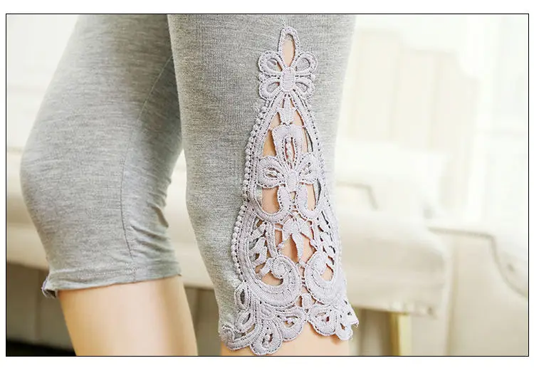 Women Summer Hollow Lace Stretch Leggings Sports Fitness Skinny Pants Crop 3/4 Length Leggings Capris Cropped Modal Pant