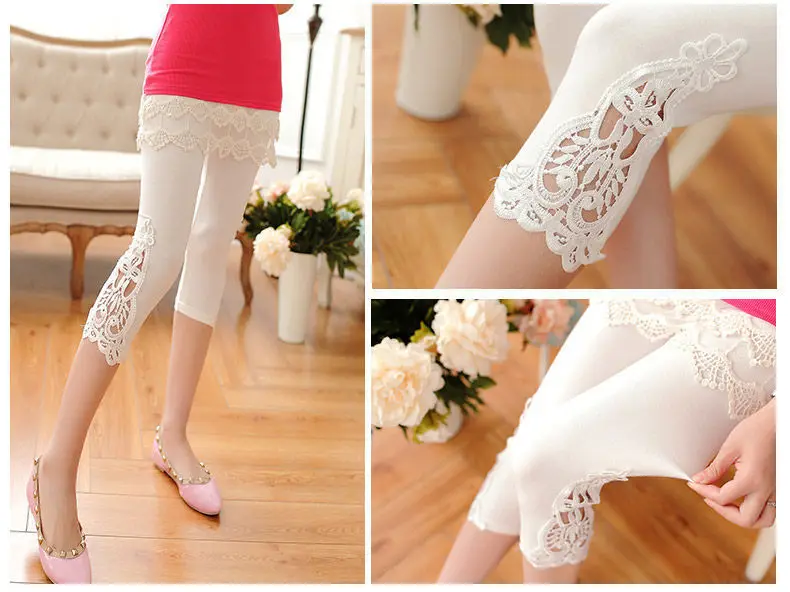 Women Summer Hollow Lace Stretch Leggings Sports Fitness Skinny Pants Crop 3/4 Length Leggings Capris Cropped Modal Pant