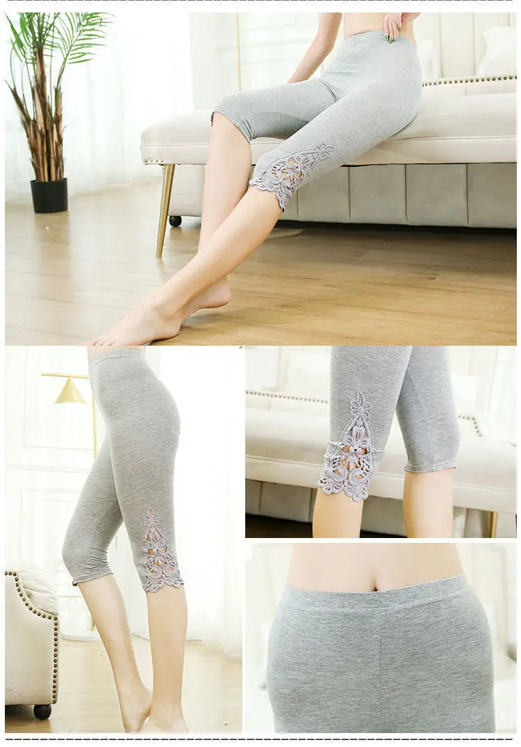 Women Summer Hollow Lace Stretch Leggings Sports Fitness Skinny Pants Crop 3/4 Length Leggings Capris Cropped Modal Pant