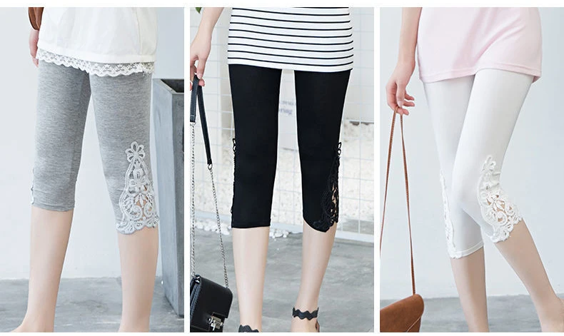 Women Summer Hollow Lace Stretch Leggings Sports Fitness Skinny Pants Crop 3/4 Length Leggings Capris Cropped Modal Pant
